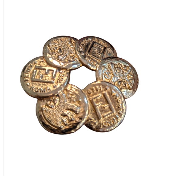 FENDI Monogram Janus Heads Roman Coin Wreath Gold Plated Brooch - Picture 5 of 5